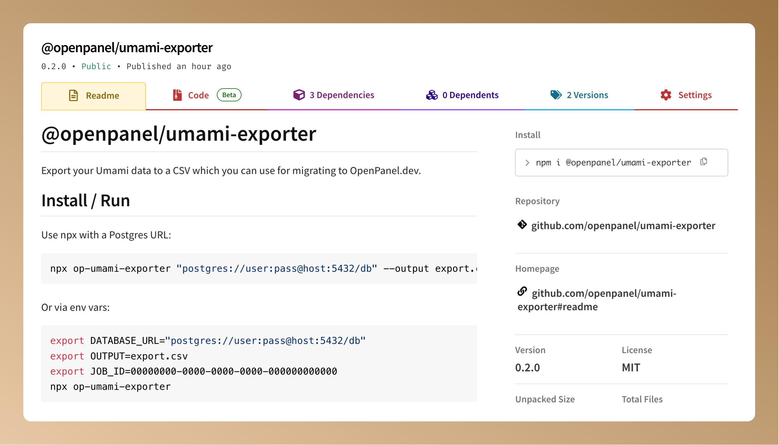 The MakinForU Umami exporter package on npm
